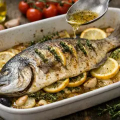 Dorade entière au four, garnie de rondelles de citron, d'olives et d'herbes, arrosée d'une sauce.