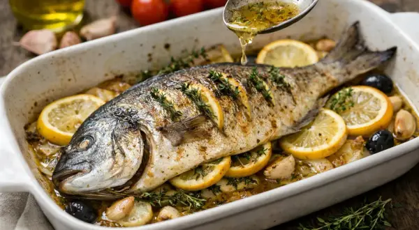 Dorade entière au four, garnie de rondelles de citron, d'olives et d'herbes, arrosée d'une sauce.