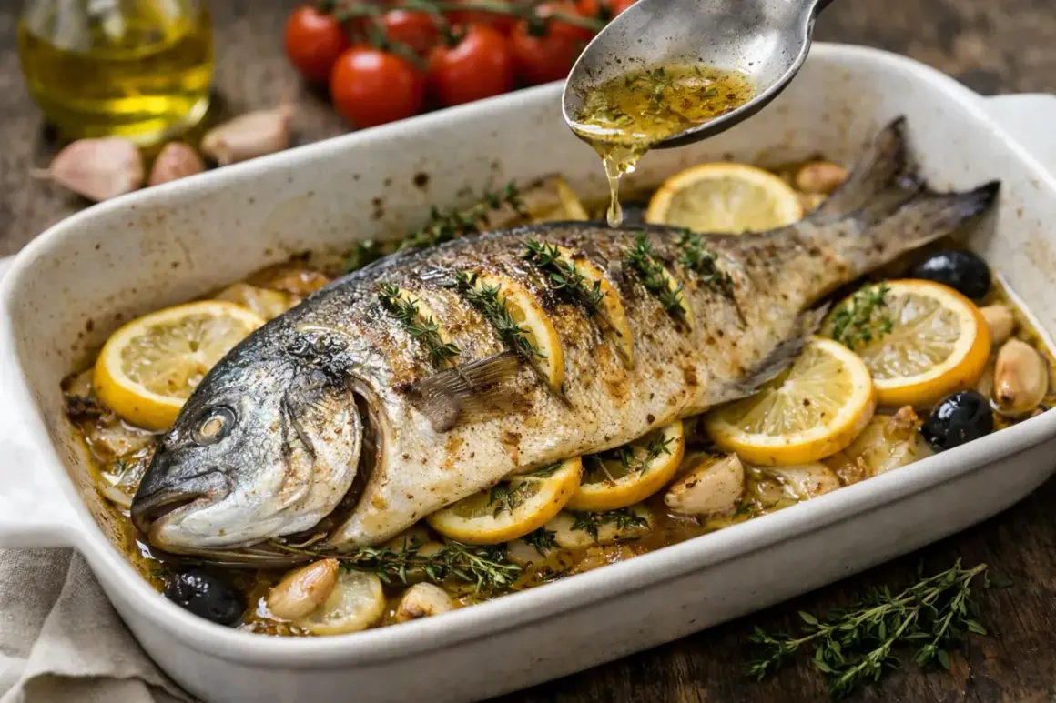 Dorade entière au four, garnie de rondelles de citron, d'olives et d'herbes, arrosée d'une sauce.